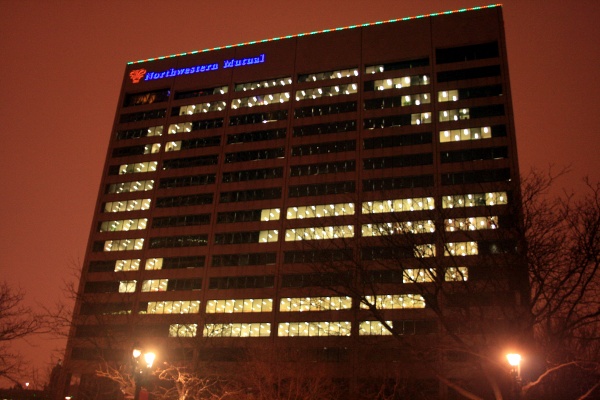 Northwestern Mutual East Building lit up to support Packers, Milwaukee