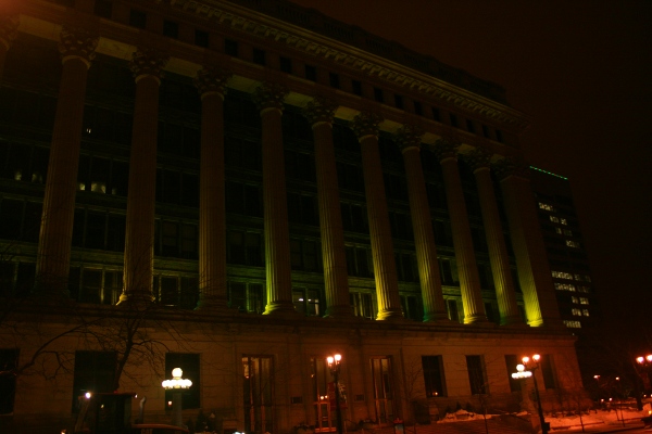 Northwestern Mutual South Building lit up to support Packers, Milwaukee